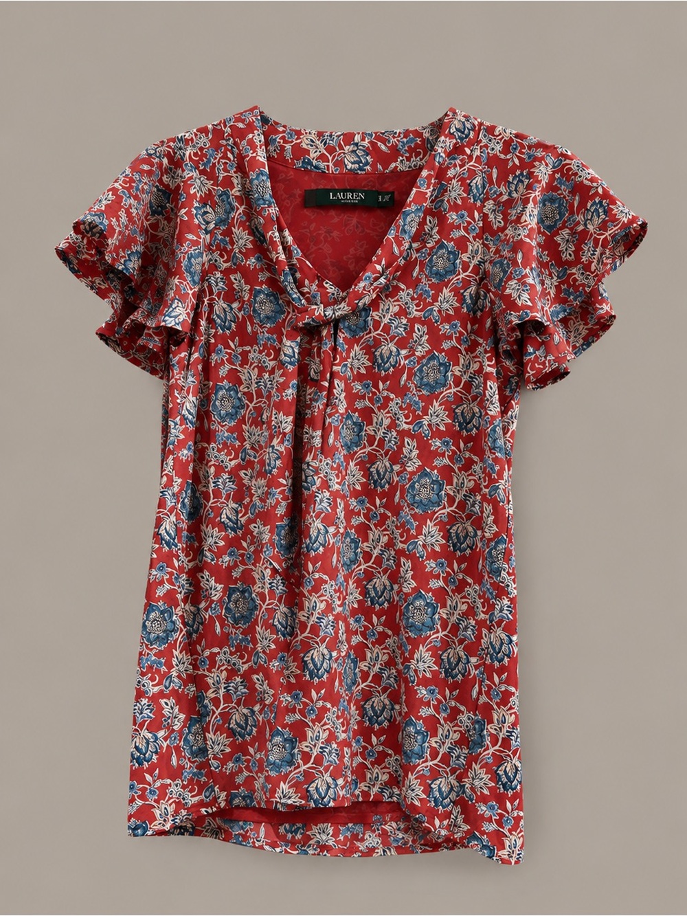 Ralph Lauren Red Floral Tie-Neck Ruffle Sleeve Blouse